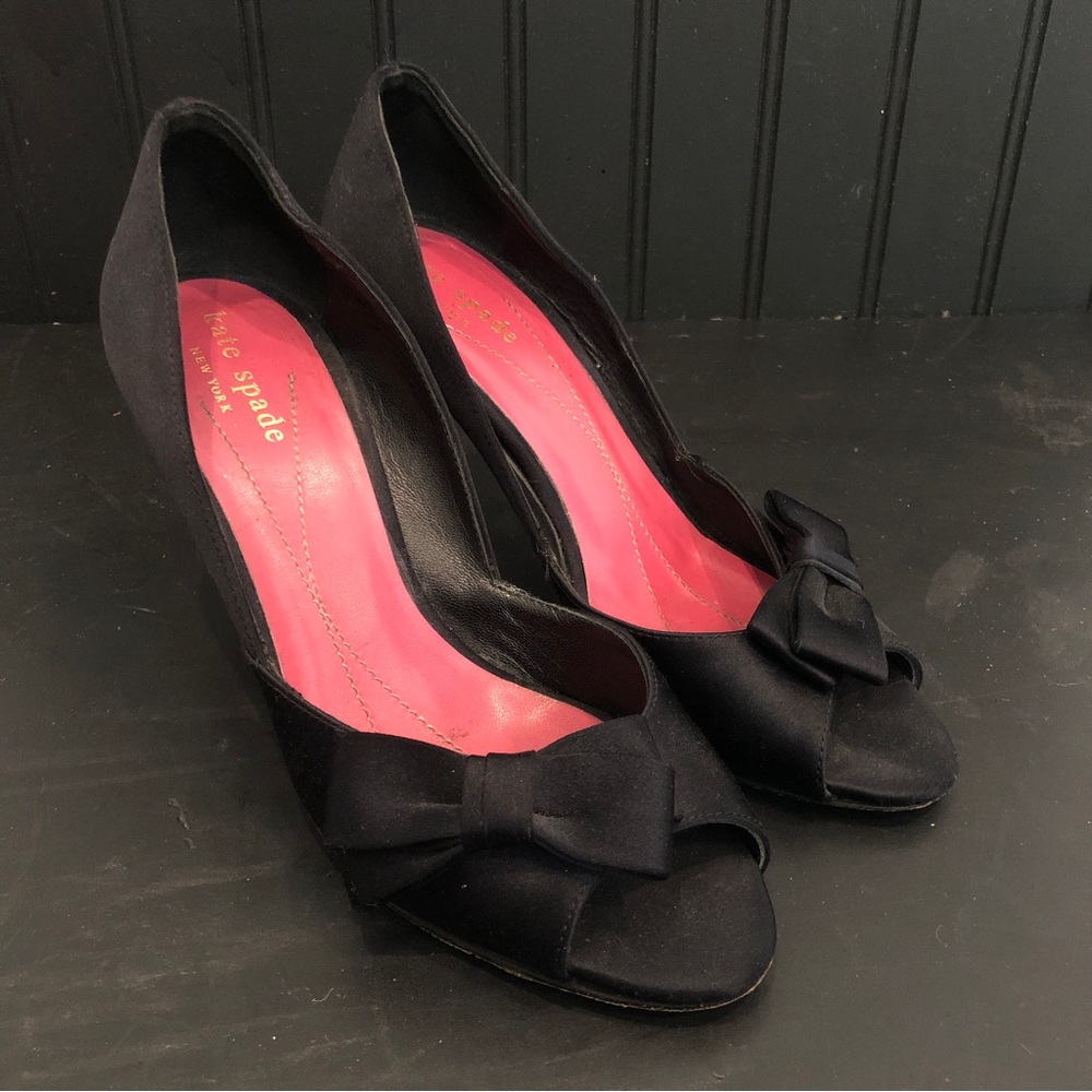 Kate Spade black satin peep toe pumps with bows size 5 1/2 worn once